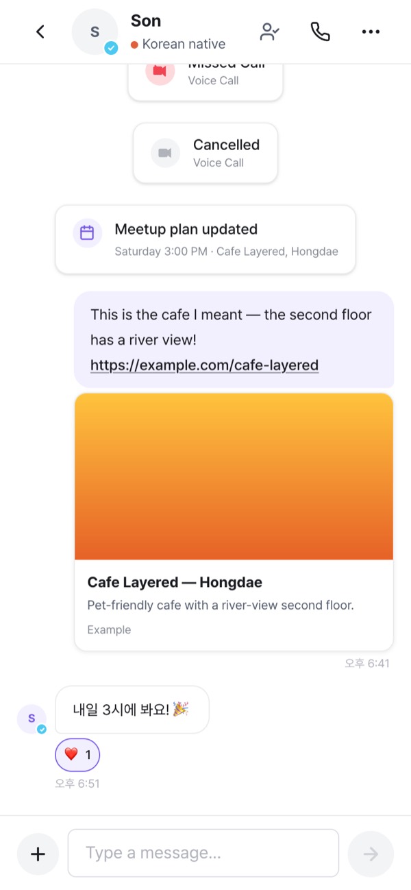 Call history, meetup plan and link preview in chat