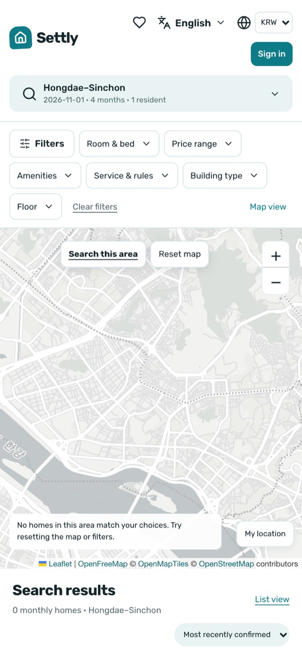 Screenshot of settly.kr/map-search