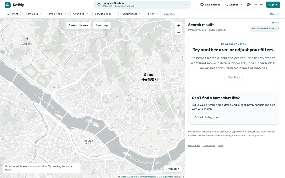 Screenshot of settly.kr/map-search